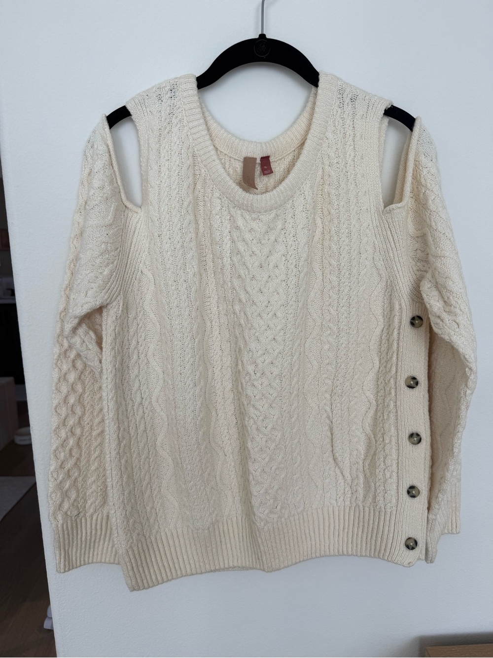 Pilcro Cream Cold-Shoulder Cable-Knit Sweater with Side Button Detail
